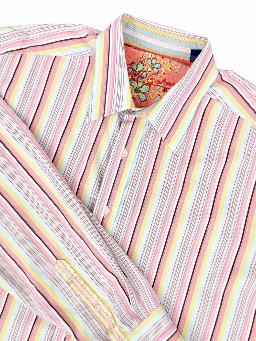 Robert Graham Men’s XL Striped Button Up Shirt Multicolor Flip Cuff Embroidered